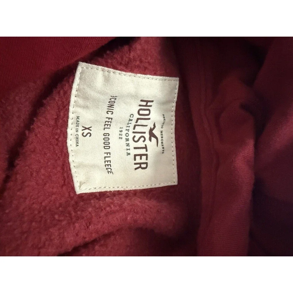 🔥Y2K Hollister Hoodie Mens XS Red Fleece Pullover Spellout Logo Sweatshirt A&F